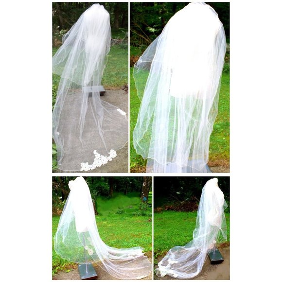 Vtg 80s Ivory Wedding Dress Veil Hi Neck Bead Sheer Cuffed Train Victorian Goth - Picture 13 of 16